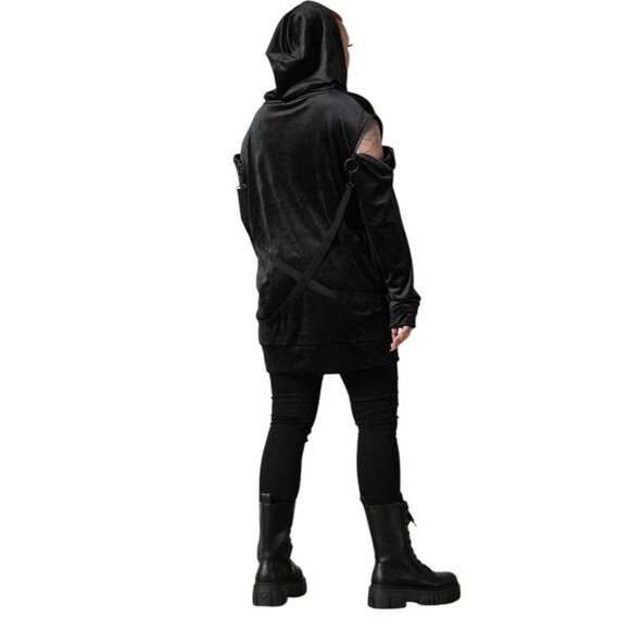 Killstar In A State Black Velvet Hooded Pullover Shoulder Zipper Cutouts Straps - Picture 3 of 10